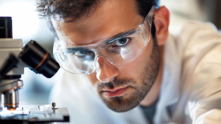 PSD primer plano de un científico enfocado con gafas de seguridad mirando atentamente a un microscopio durante la investigación