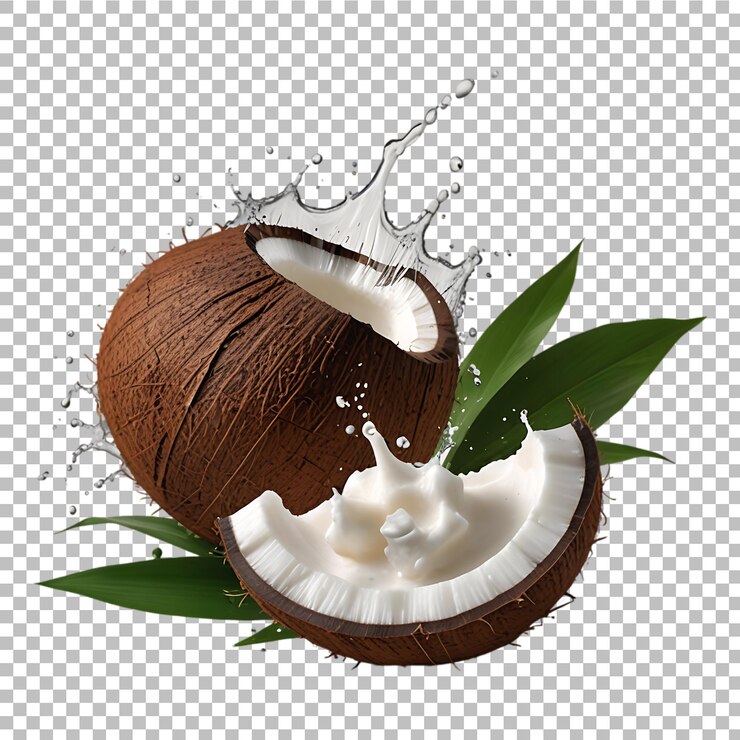 PSD primer plano de coco salpicando en la noción con hojas naturales en un fondo transparente ai generativo