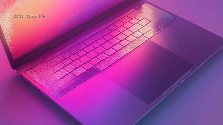 PSD primer plano de una computadora portátil iluminada con luz rosada y púrpura
