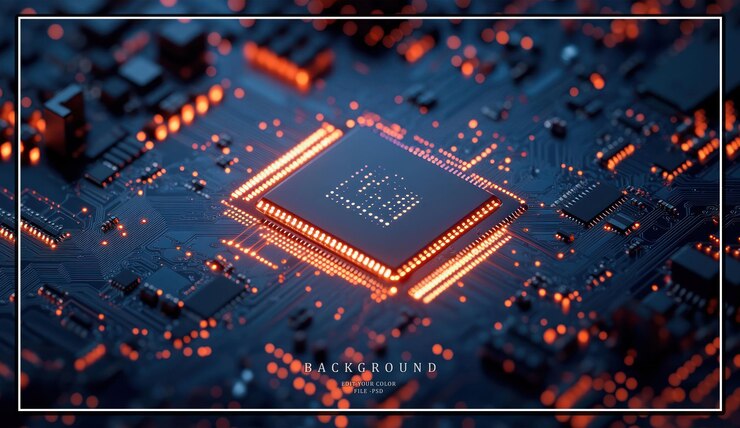 PSD primer plano de una cpu brillante en una placa de circuitos