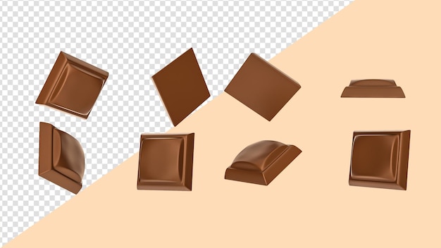 Primer plano Cubos de chocolate cayendo Ilustración 3d de fondo aislado