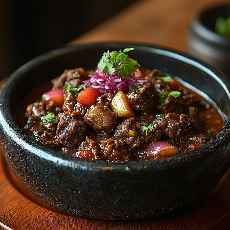 PSD un primer plano de un cuenco de buen estofado de carne de res con verduras adornadas con cilantro fresco