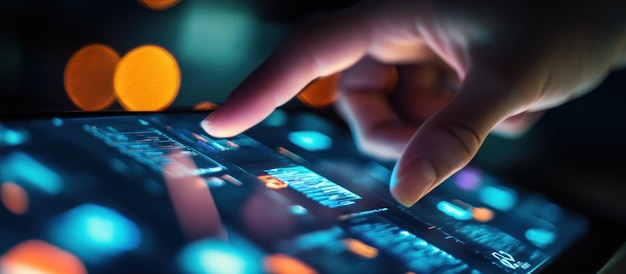 Primer plano de un dedo interactuando con una tableta digital que muestra datos