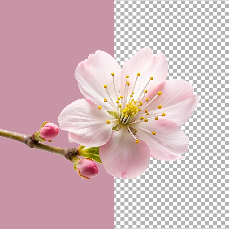 Un primer plano de una delicada flor de cerezo rosada con brotes