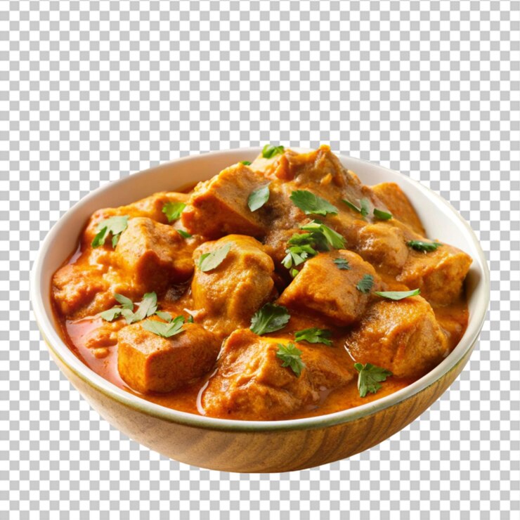 PSD primer plano de un delicioso pollo tikka masala en blanco