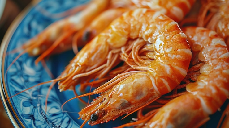 PSD un primer plano de deliciosos camarones cocidos en un plato azul y blanco