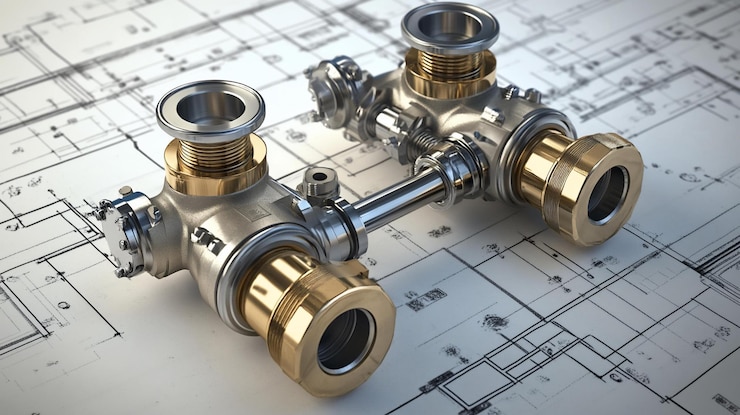 PSD primer plano detallado de un complejo mecanismo de válvula industrial en planos de ingeniería