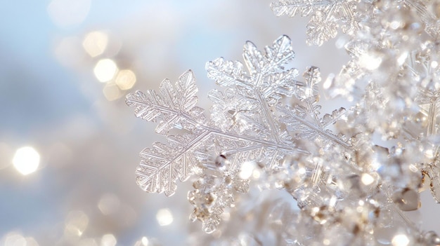 Primer plano de un detallado copo de nieve cristalino contra un fondo bokeh suave