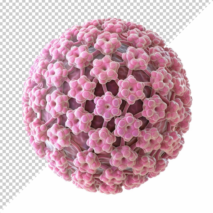 PSD un primer plano detallado de una estructura de virus que se asemeja al virus del papiloma humano capturado en representación 3d que muestra su morfología y color únicos