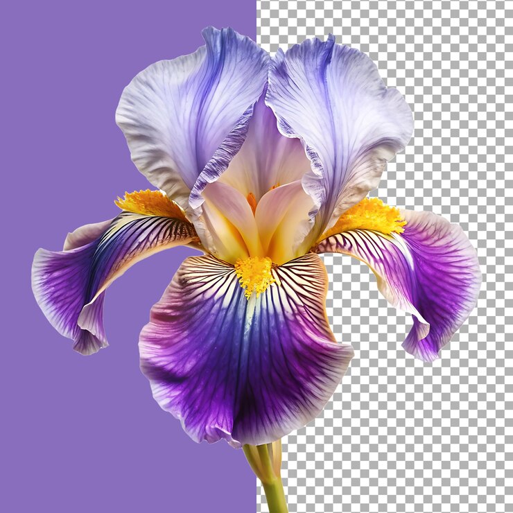 Un primer plano detallado de una hermosa flor de iris con un fondo transparente