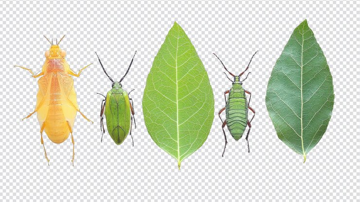 PSD un primer plano detallado de insectos foliares aislados sobre un fondo transparente para usos educativos y científicos