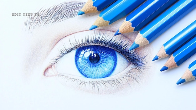 Primer plano de un dibujo detallado de los ojos con lápices de color azul