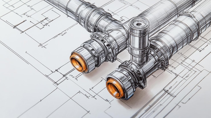 PSD primer plano del dibujo técnico detallado que muestra las tuberías y los conectores
