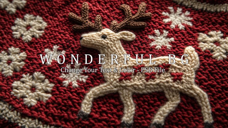 PSD primer plano de un diseño de reno tejido en una tela roja con copos de nieve blancos