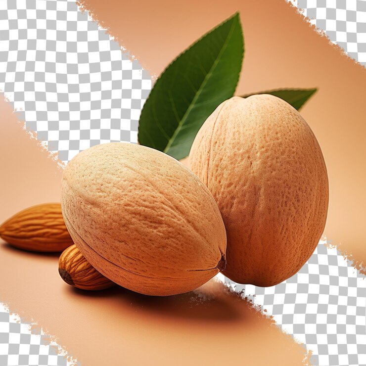 PSD primer plano de dos almendras aisladas sin cáscara empaquetadas con un elemento de diseño de hoja sobre un fondo transparente concepto macro de un grupo de nueces con profundidad de campo completa
