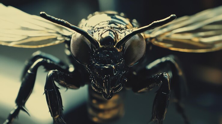 PSD un primer plano de una escultura metálica de una abeja