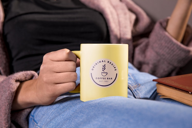 PSD primer plano femenino con taza amarilla