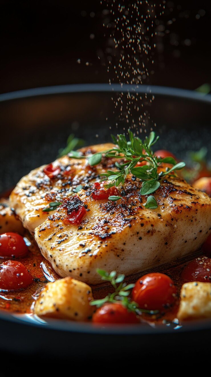 PSD un primer plano de un filete de pescado perfectamente asado con hierbas de tomate cereza y una llovizna de salsa