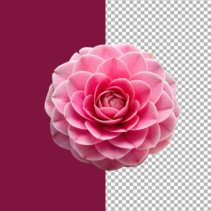 Primer plano de una flor de camelia rosada vibrante aislada sobre un fondo transparente