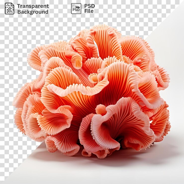 PSD un primer plano de una flor de coral con una sombra blanca y una flor roja y naranja en el fondo