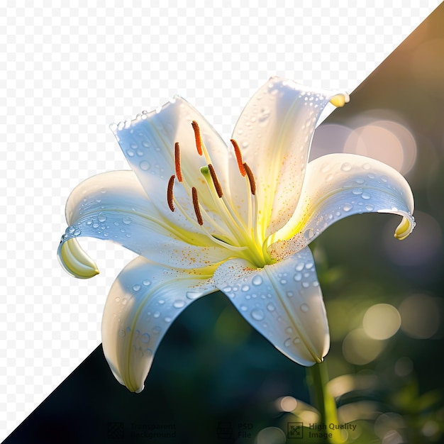 Primer plano de una flor de lirio blanca y amarilla al aire libre en un fondo transparente borroso