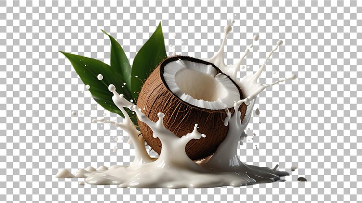 Primer plano fresco de leche de coco con hojas aisladas en un fondo transparente Ai generativo