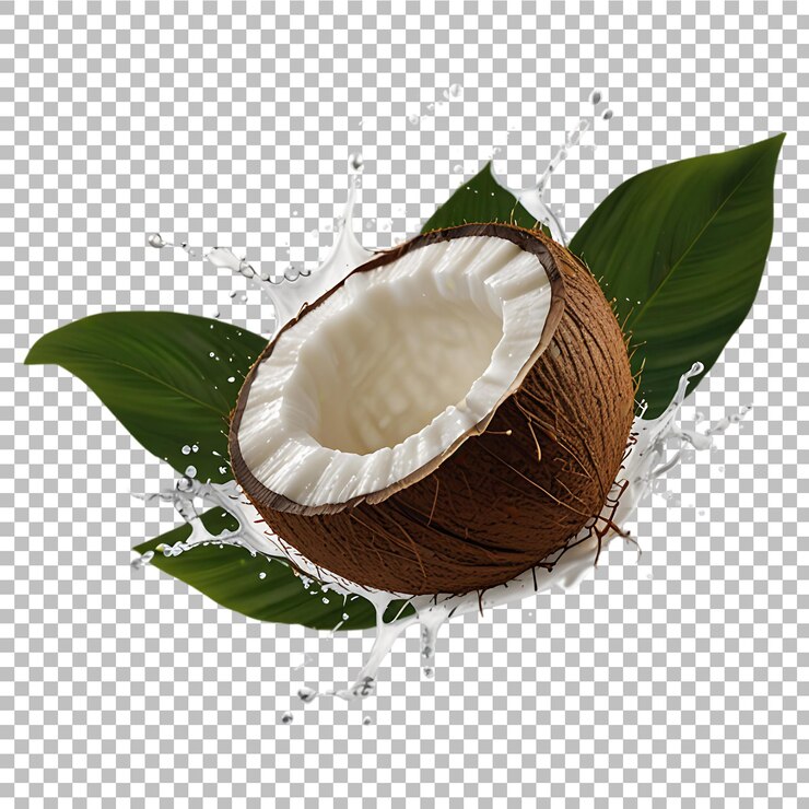 PSD primer plano fresco de leche de coco con hojas aisladas en un fondo transparente ai generativo