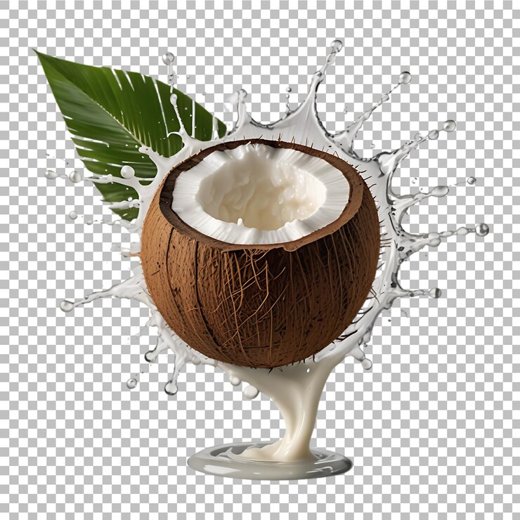 PSD primer plano fresco de leche de coco con hojas aisladas en un fondo transparente ai generativo