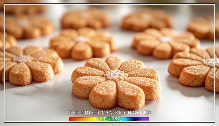 PSD primer plano de galletas de azúcar caseras en forma de flores en una superficie blanca