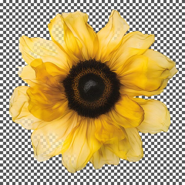 Un primer plano de un girasol realista y translúcido sobre un fondo transparente