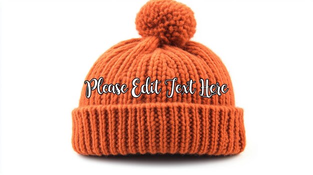 Primer plano de un gorro de punto naranja rústico con un pompom esponjoso en la parte superior aislado sobre un fondo blanco