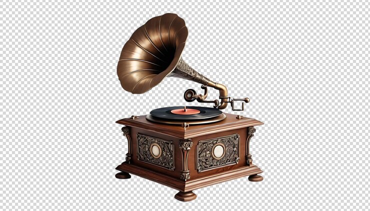 PSD primer plano de un gramófono antiguo con un disco en un fondo transparente