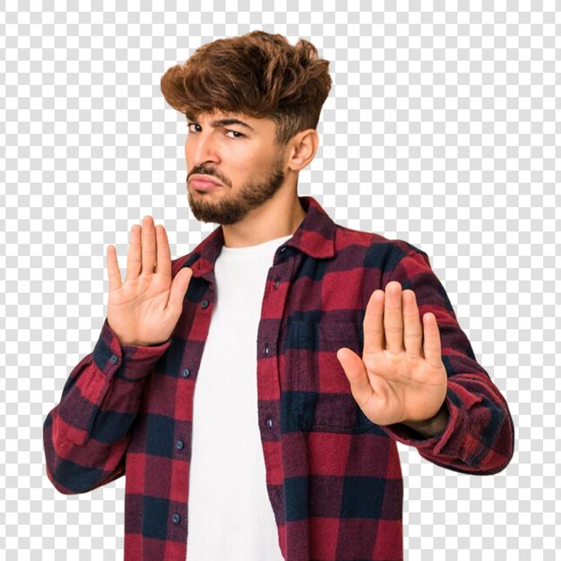 Primer plano de un hombre nervioso haciendo un deseo con los dedos cruzados y mordiendo el labio preocupado de pie