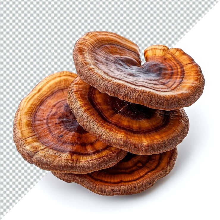 PSD primer plano de los hongos lingzhi ganoderma lucidum sobre un fondo transparente que destaca su textura y color únicos