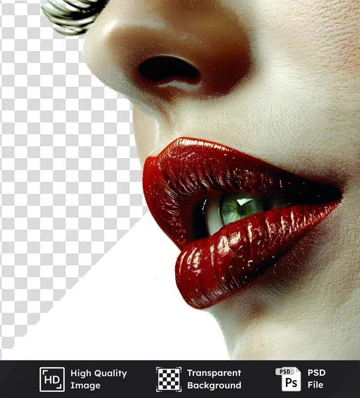 PSD primer plano de labios rojos con ojos brillantes visibles en un fondo transparente fotografía de belleza con bold ma