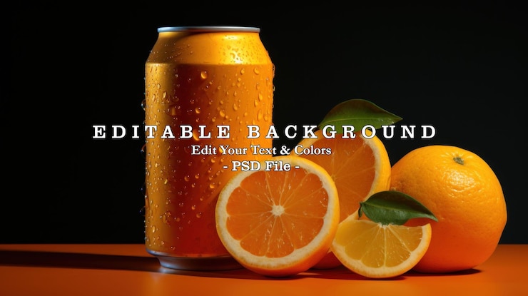 PSD en primer plano una lata de aluminio de refresco de naranja con frutas de naranjas en rodajas frescas en fondo oscuro generada por la ia