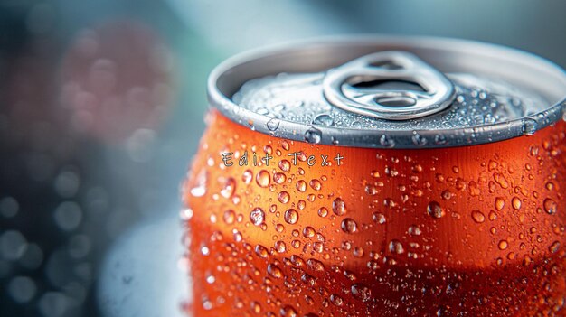 Primer plano de una lata de refresco de naranja cubierta de condensación fría