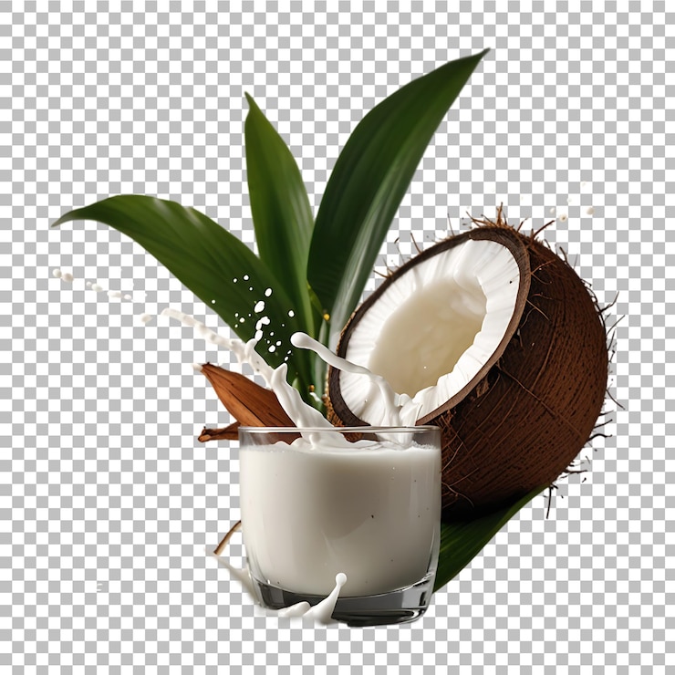 PSD primer plano de leche de coco con hojas aisladas en un fondo transparente ai generativo