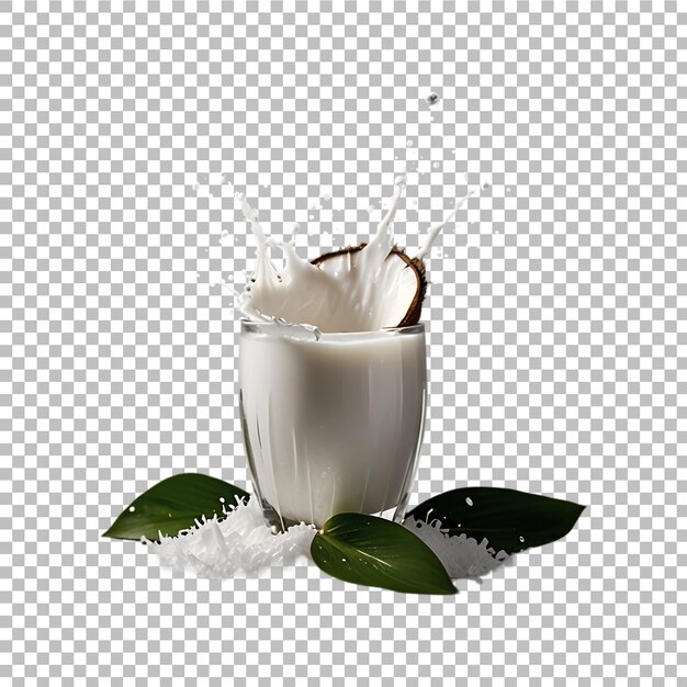 Primer plano de leche de coco con hojas aisladas en un fondo transparente Ai generativo
