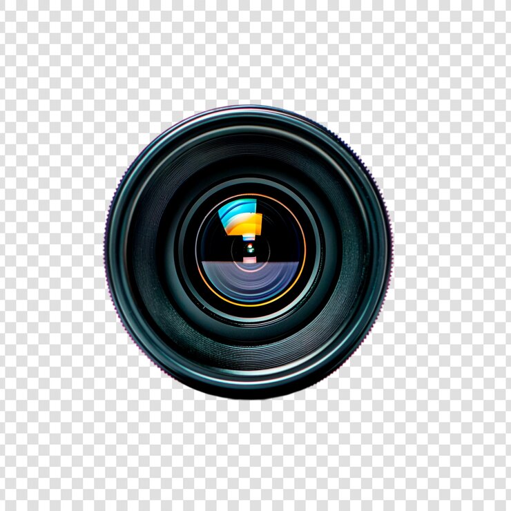 PSD primer plano de una lente de cámara profesional con colores vibrantes en un fondo transparente
