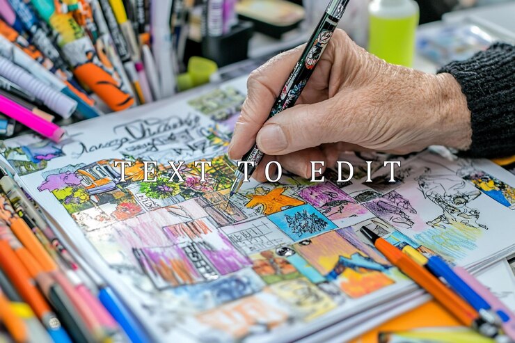 PSD un primer plano de una mano dibujando bocetos coloridos en un cuaderno de bocetos rodeado de suministros de arte