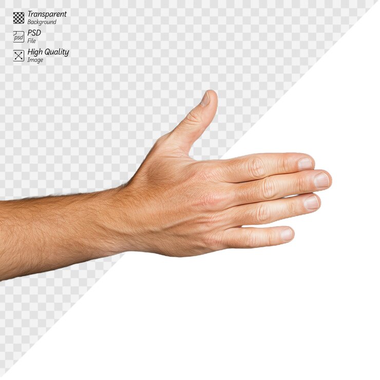 PSD primer plano de una mano extendiendo la mano para un posible gesto de apretón de manos en un fondo transparente que sugiere saludos, acuerdo, cooperación o introducción en un entorno comercial o personal