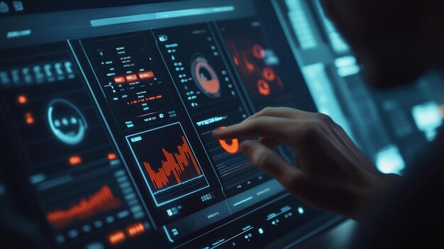 Primer plano de la mano interactuando con un tablero digital futurista que muestra gráficos y datos