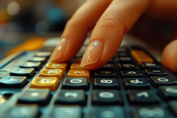 PSD un primer plano de la mano de una mujer presionando los botones de una calculadora