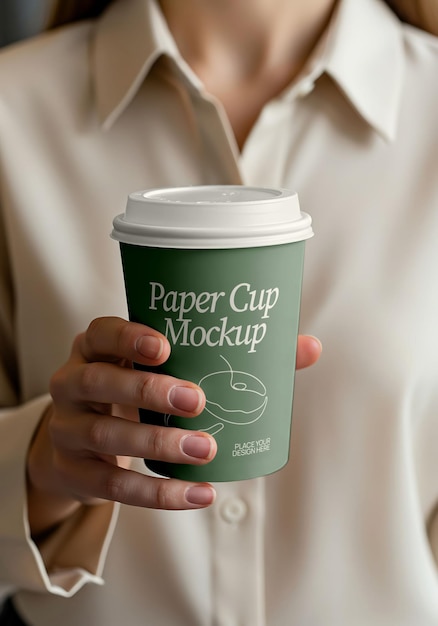 Primer plano de una mano de mujer sosteniendo una maqueta de taza de papel verde con un diseño de rosquilla perfecto para la marca