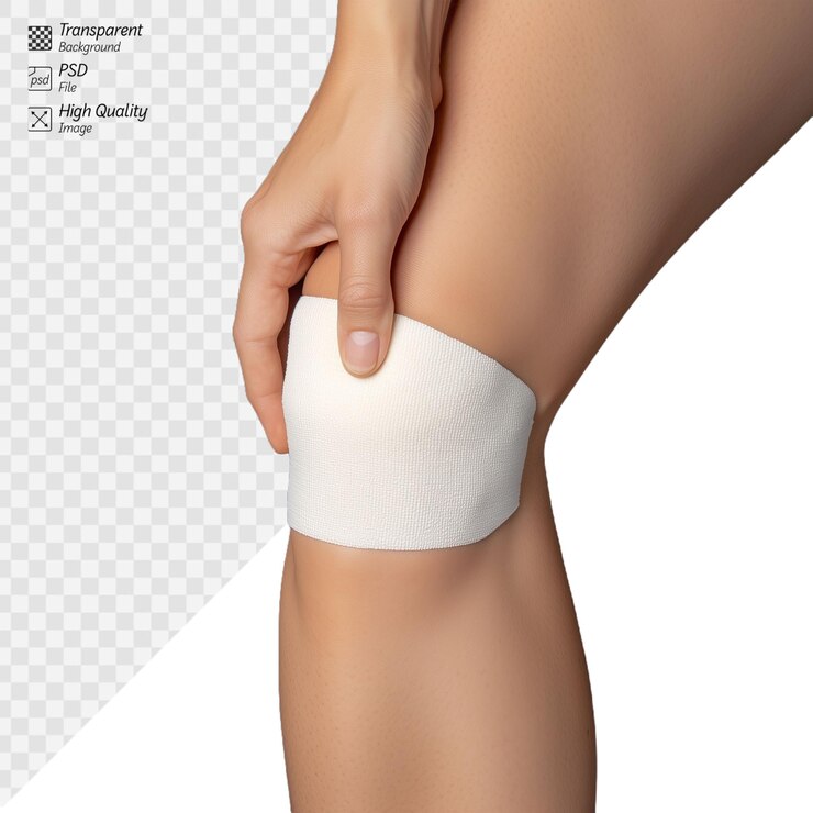 PSD primer plano de la mano de una persona aplicando un vendaje elástico en una articulación de rodilla lesionada para apoyo médico sobre un fondo transparente