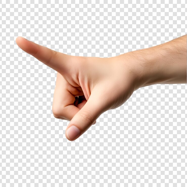 PSD primer plano de una mano que apunta aislada en un fondo transparente