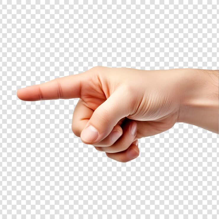 PSD primer plano de una mano que apunta aislada en un fondo transparente
