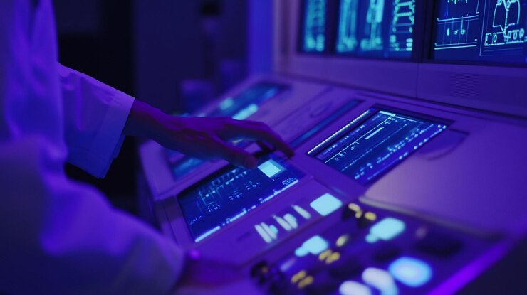 PSD primer plano de una mano que opera un panel de control médico con múltiples pantallas que muestran datos