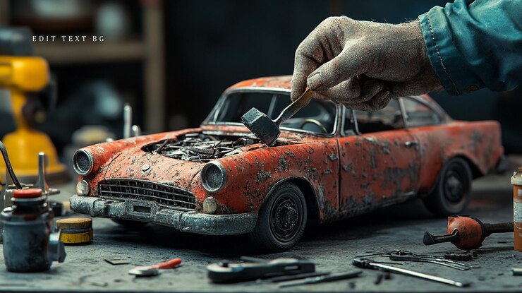 PSD un primer plano de una mano restaurando un modelo de coche vintage oxidado en un taller